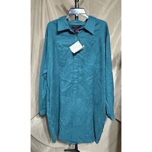 Denim & Co. Faux Suede Button Front Shirt,Tunic,Dress, Long Sleeve 2X  Teal‎